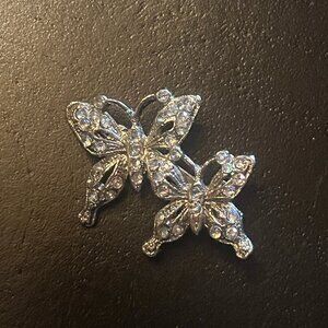Small Double Butterfly Brooch Pin Silver Tone with Aurora Borealis Stones